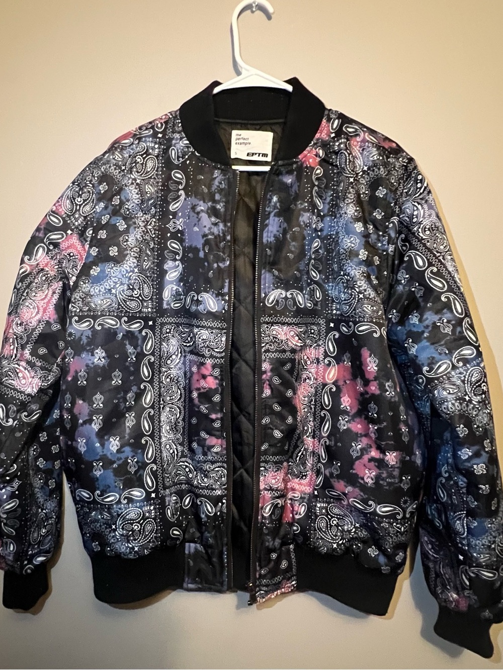 EPTM Black Bandana Print Bomber Jacket with Pink & Blue Accents